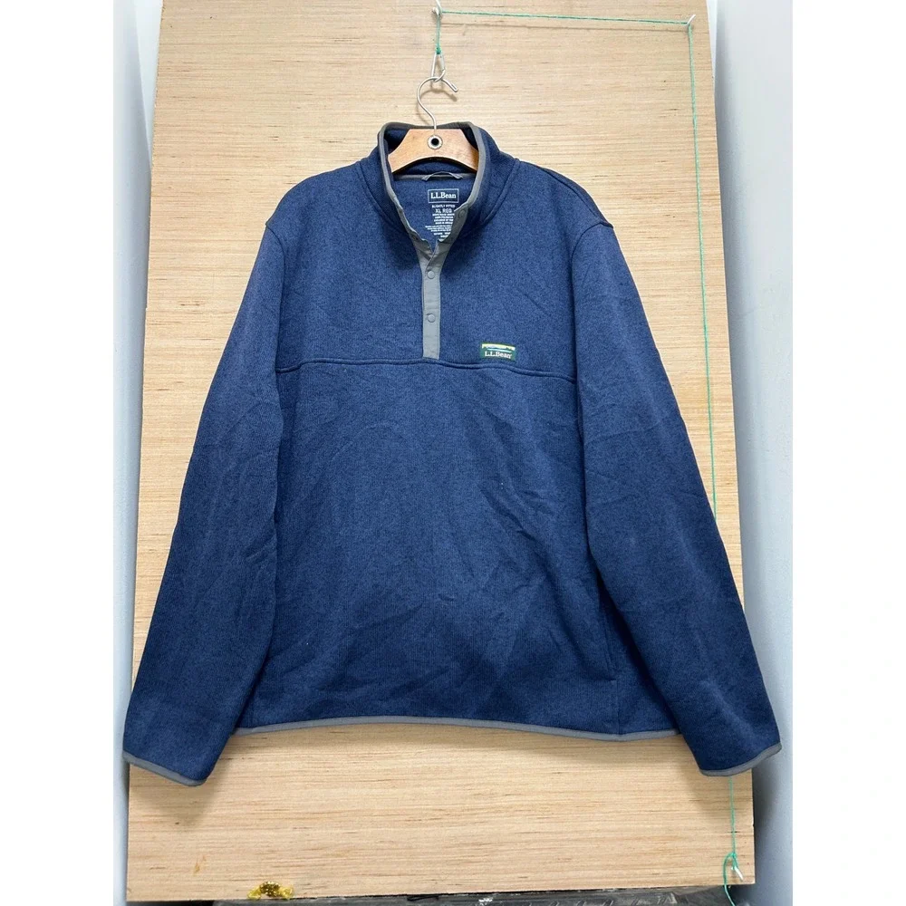 LL Bean Mens‎ XL Blue Sweater Fleece Pullover Snap Mock Neck